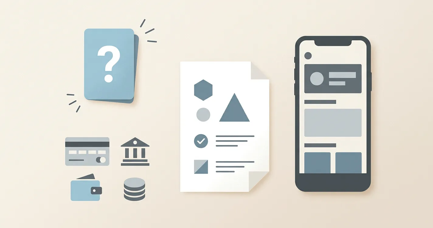 Illustration zu häufigen Fragen mit Fragezeichen, Dokument, Smartphone und Zahlungssymbolen