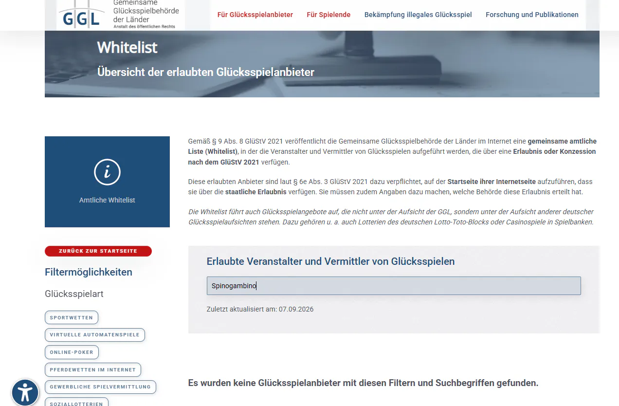 GGL-Whitelist zur Prüfung einer deutschen Spinogambino Erlaubnis
