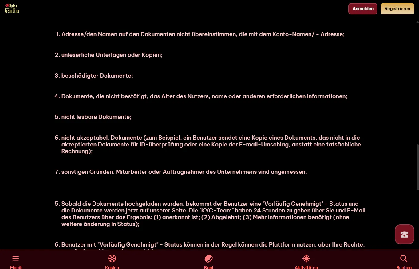 Offizielle Spinogambino-KYC-Richtlinie beziehungsweise KYC-Bereich