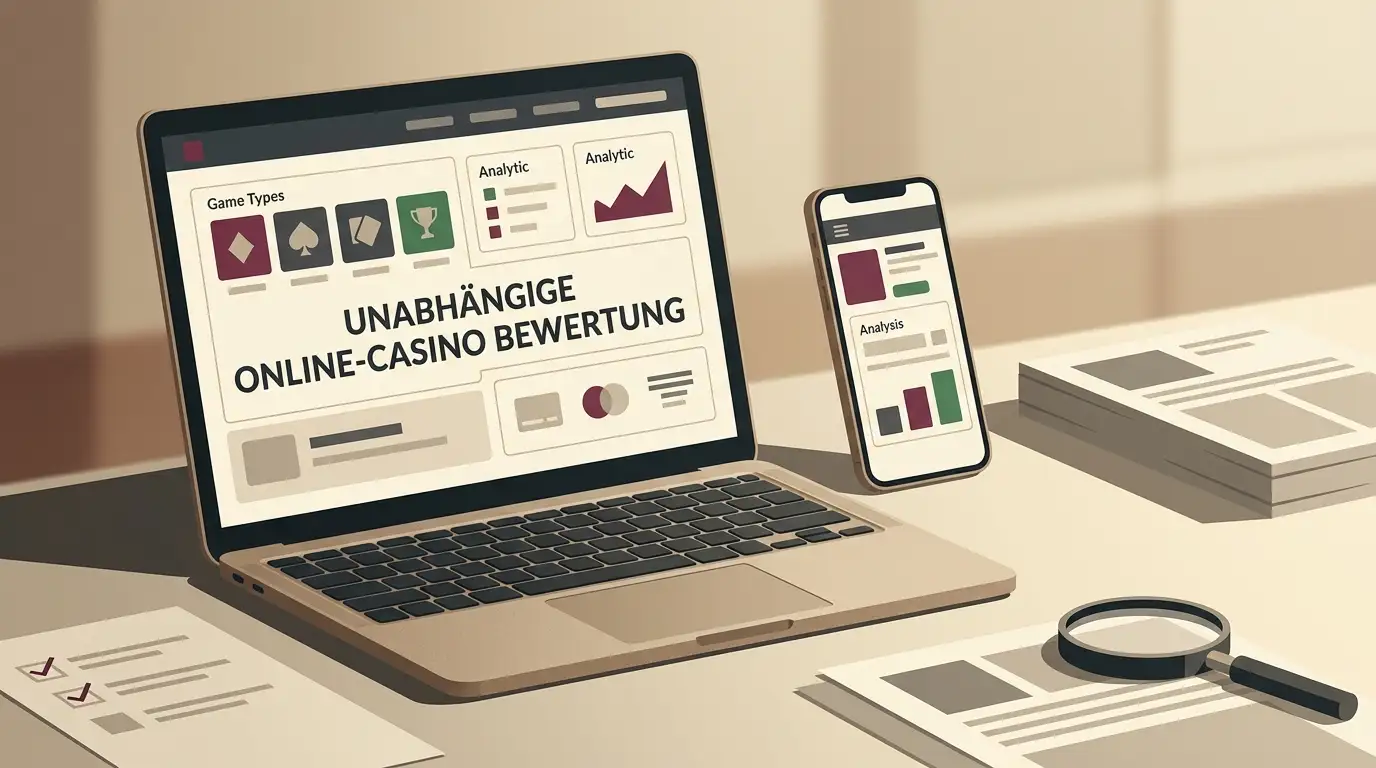 Illustration eines Online-Casino-Prüfungen mit Spiele-, Zahlungs- und Analyseelementen